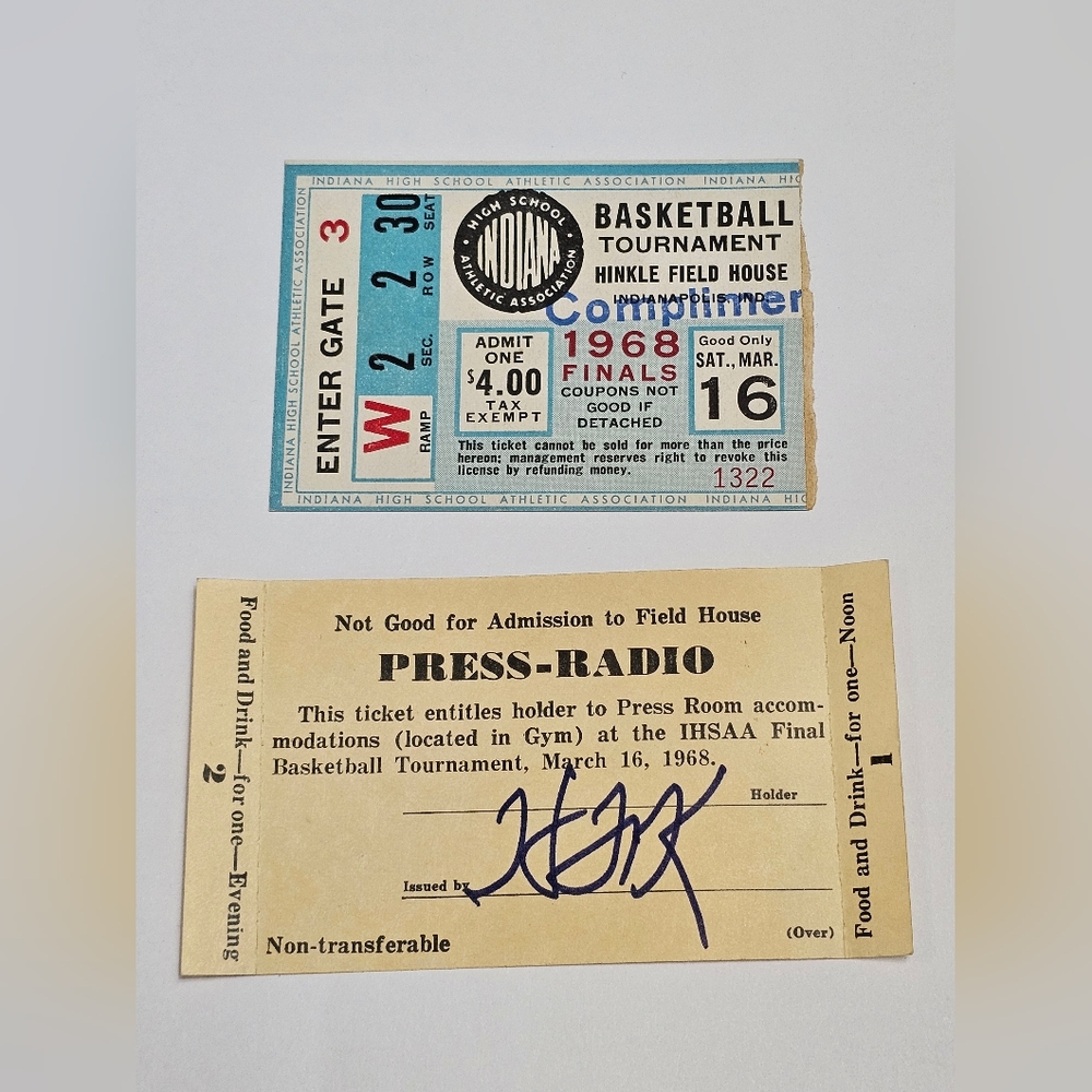 Indiana High School Basketball 1968 State Finals Ticket Stub & Press Pass Hinkle